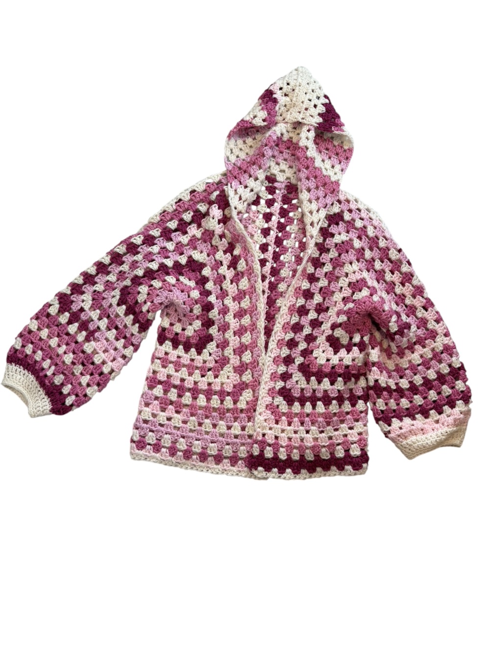 Vintage Pink Cream Burgundy Crochet Hooded Sweater